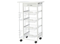 Carrinho de Cozinha Salva espaço em Madeira Branca.suporte para Alimentos com 1 Bancada,1 Gaveta e 4 Cestos Metálicos.47x37x83cm