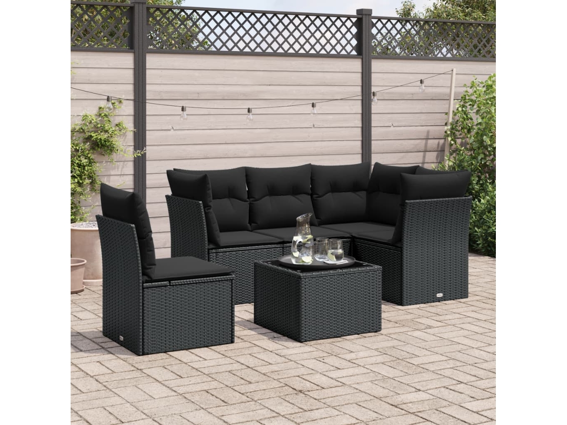 Vidaxl 6 Pcs Conjunto Sofás De Jardim C/ Almofadões Vime Pe Preto