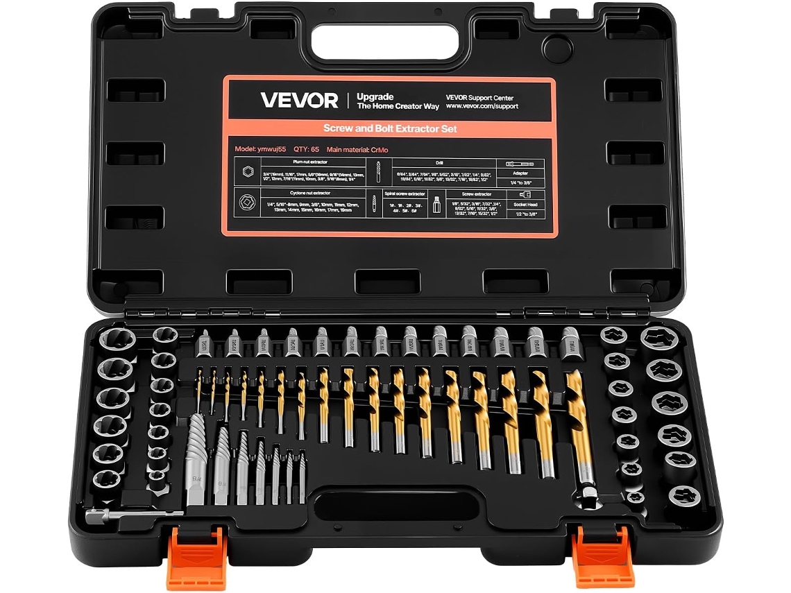 Kit Extrator De Parafusos Quebrados Vevor Com 65 Peças, Ferramentas Para Remoção De Porcas Danificadas E
