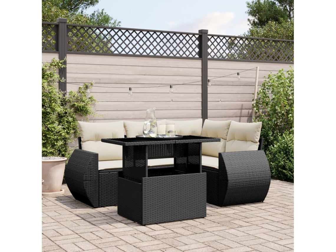 Vidaxl 5 Pcs Conjunto Sofás de Jardim com Almofadões Vime Pe Preto