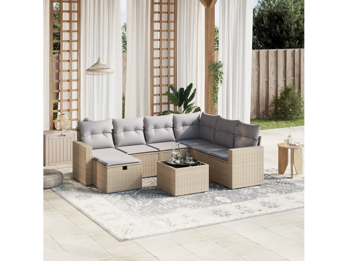 Vidaxl 8 Pcs Conj. Sofás Jardim C/ Almofadões Vime Pe Bege Misturado