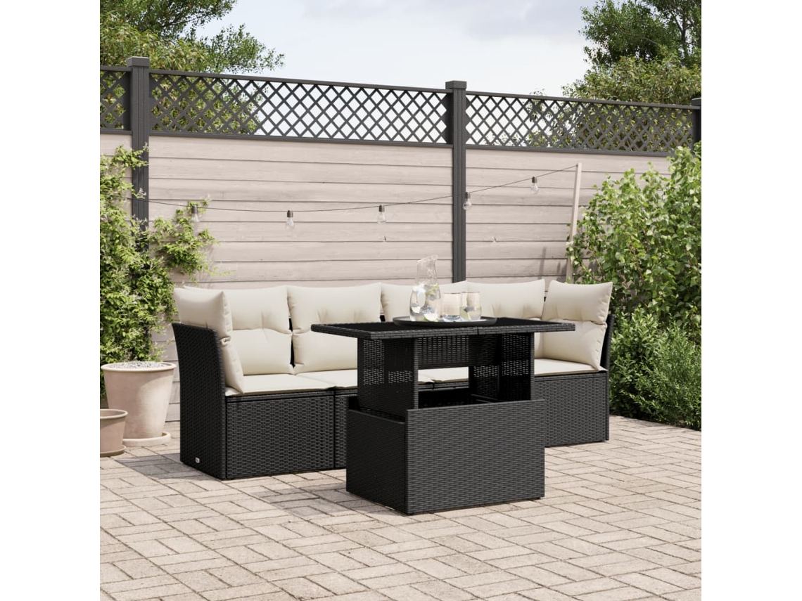 Vidaxl 5 Pcs Conjunto Sofás De Jardim Com Almofadões Vime Pe Preto