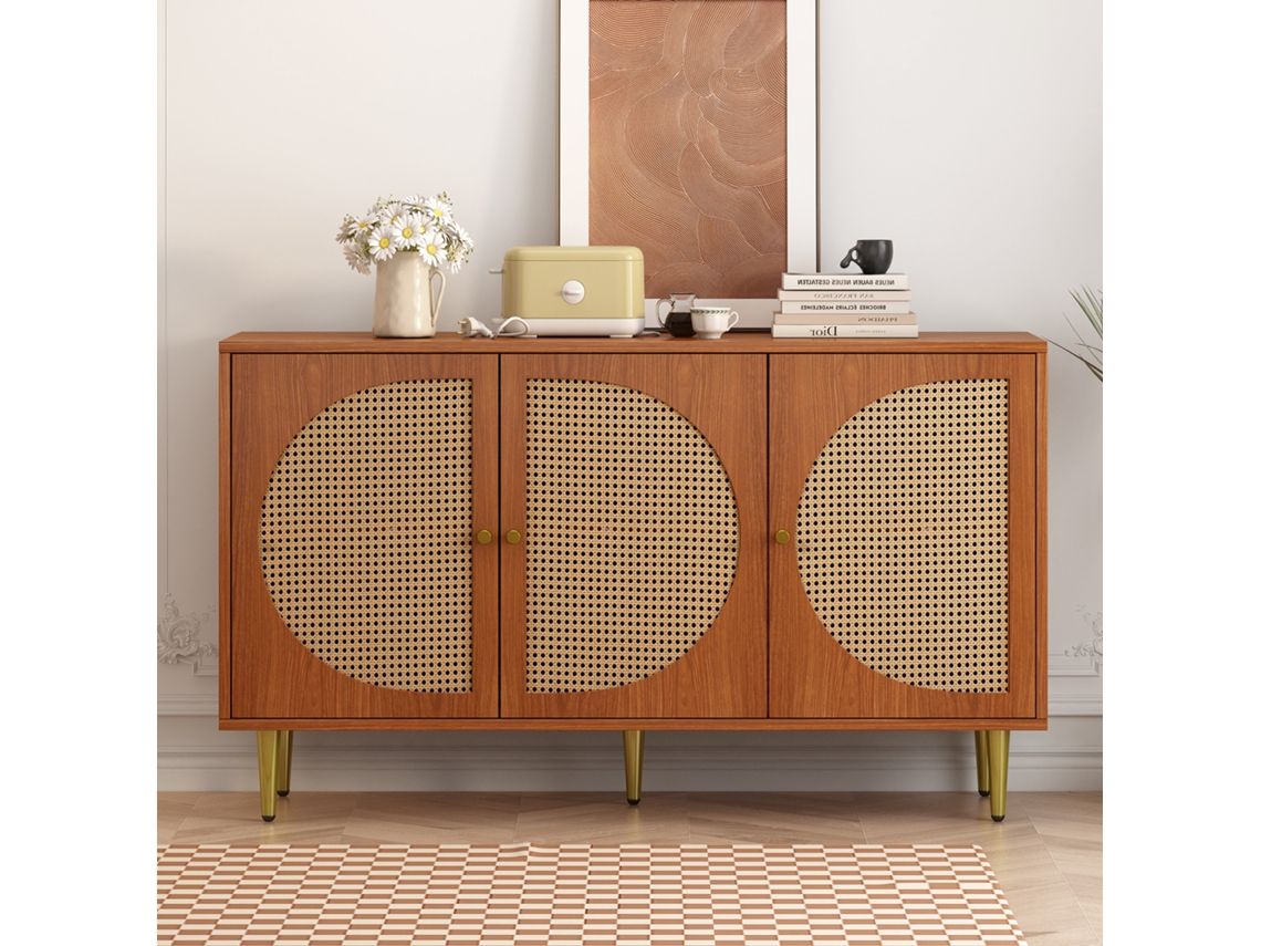 Aparador Com 3 Portas Decoradas Em Rattan, Cômoda Alta Com Alças De Metal, Para Quarto, Sala De Estar E Escritório, Nogueira 129,8x 40x 76cm-xm