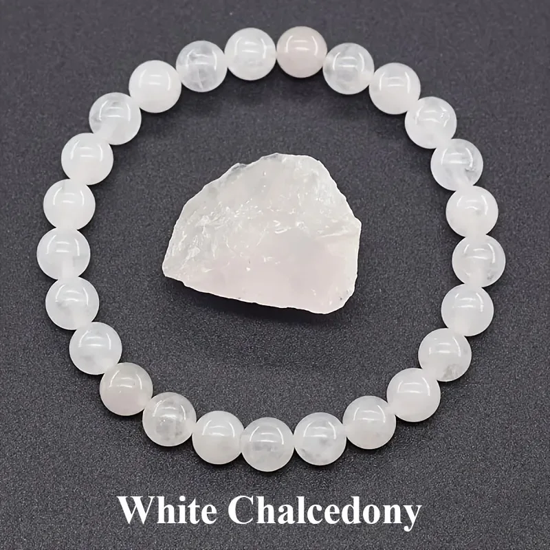 Pulseira de Contas de Pedra Natural para Ioga, Cura Reiki, Amuleto e Talismã da Sorte. MDUG (calcedônia Branca, 19 Cm)