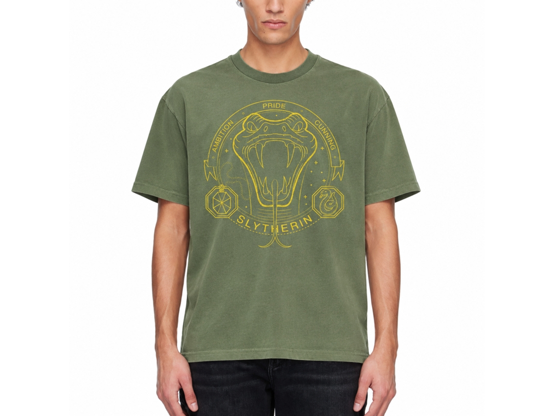 Rockinstone Harry Potter Minimalist Mascot Slytherin Outline Military Green T-shirt Size:l