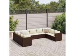 Vidaxl 9 Pcs Conjunto Lounge De Jardim C/ Almofadões Vime Pe Castanho