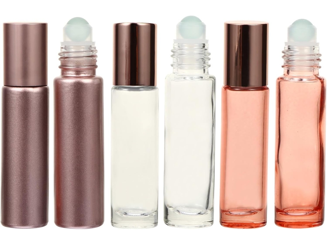 Conjunto de 6 frascos roll-on de vidro para óleos essenciais e perfumes.