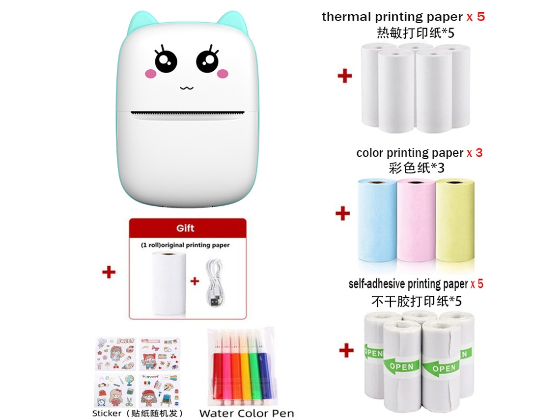 Impressora Térmica Sem Fio de 203 Dpi, Impressão Sem Tinta, com 14 Rolos de Papel para Impressão, Caneta Aquarela e Adesivo, Azul BRILVIBERA