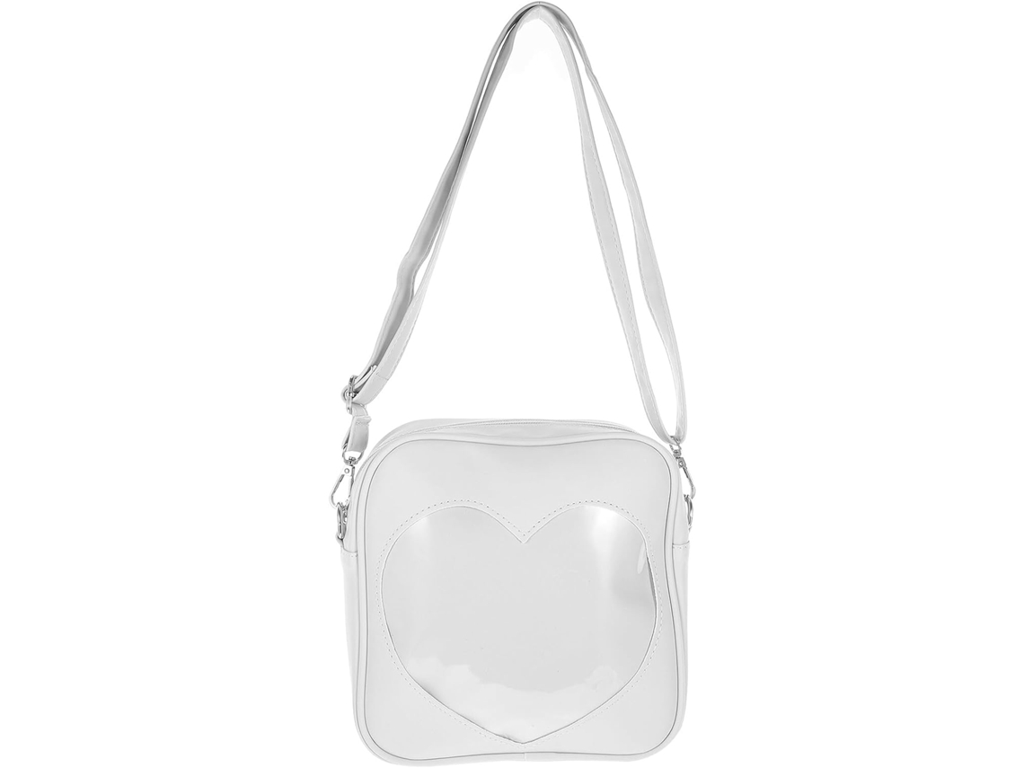 Bolsa Transversal Feminina Em Formato De Coração, Branca, Com Interior Transparente Em Pu E Compartimento Compacto.