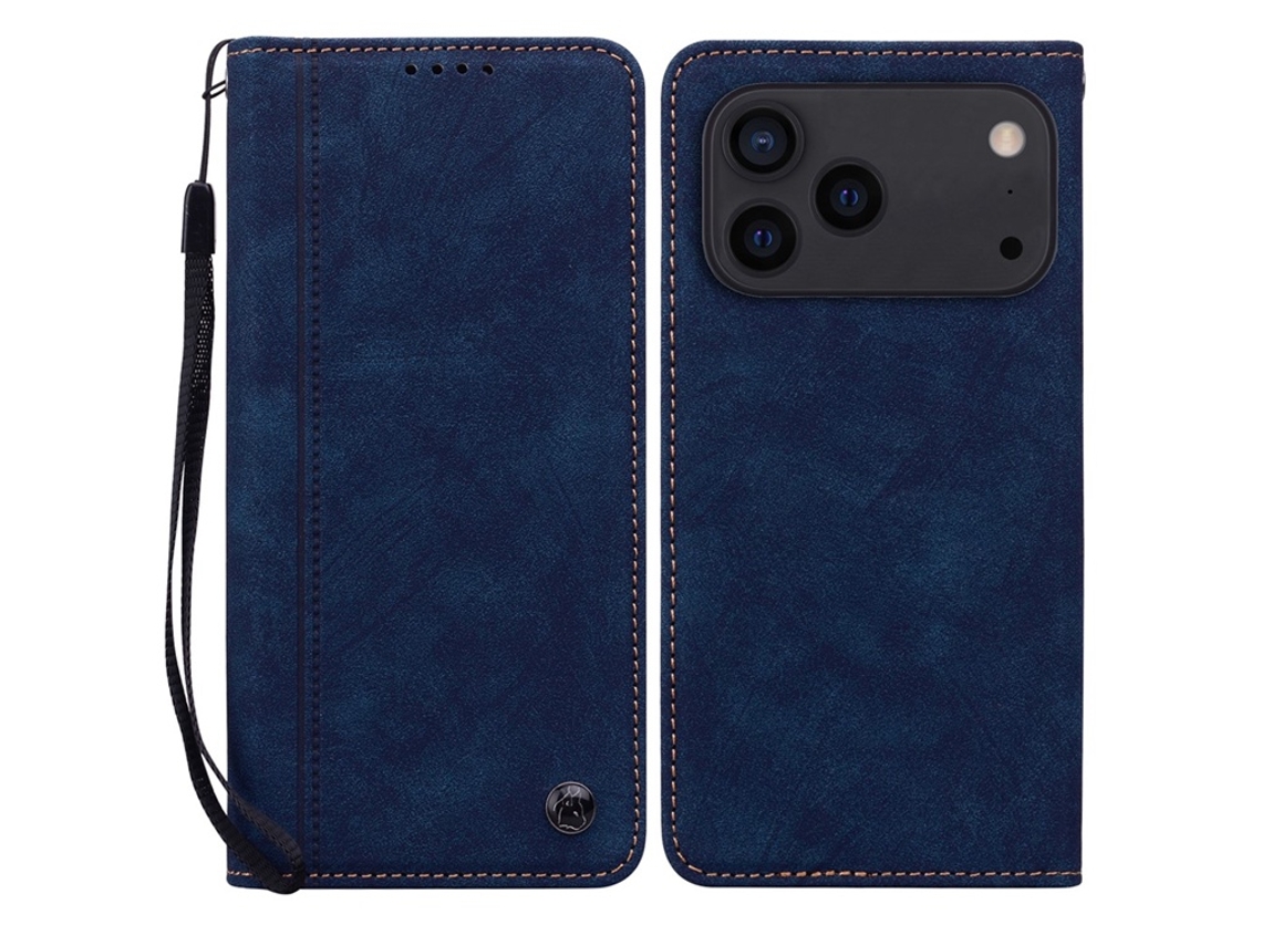 Capa Carteira Em Couro Sintético Para Iphone 17 Pro Max Com Estampa De Linhas Da Alça - Azul