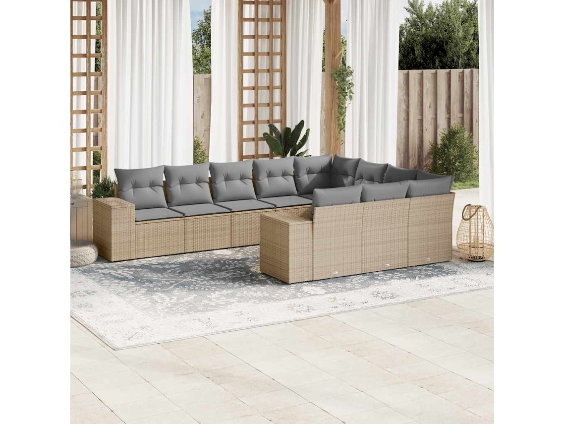 Vidaxl 10 Pcs Conjunto De Sofás P/ Jardim Com Almofadões Vime Pe Bege