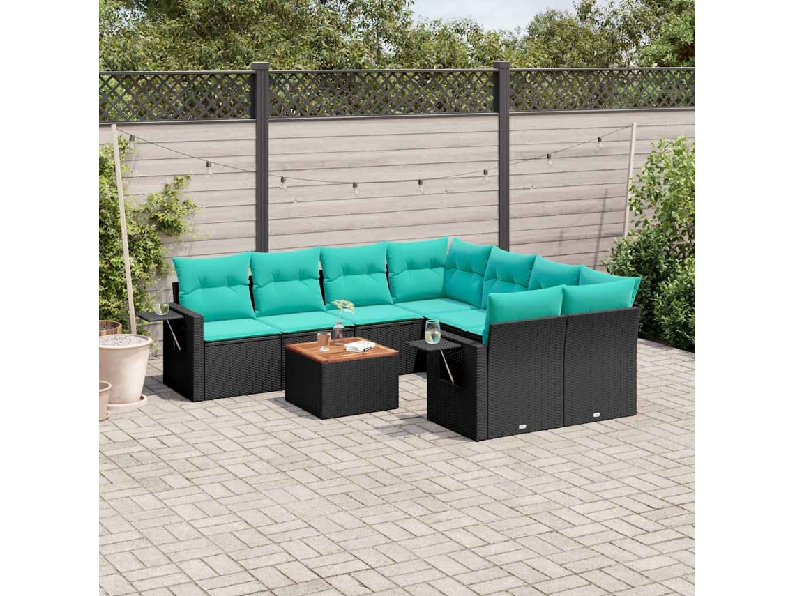 Vidaxl Conjunto De Sofá De Jardim De 9 Peças Com Almofadas Em Rattan Sintético Preto
