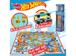 Tapete De Jogo Hot Wheels Medindo 80x60 Cm Com 2 Carrinhos E Placas.