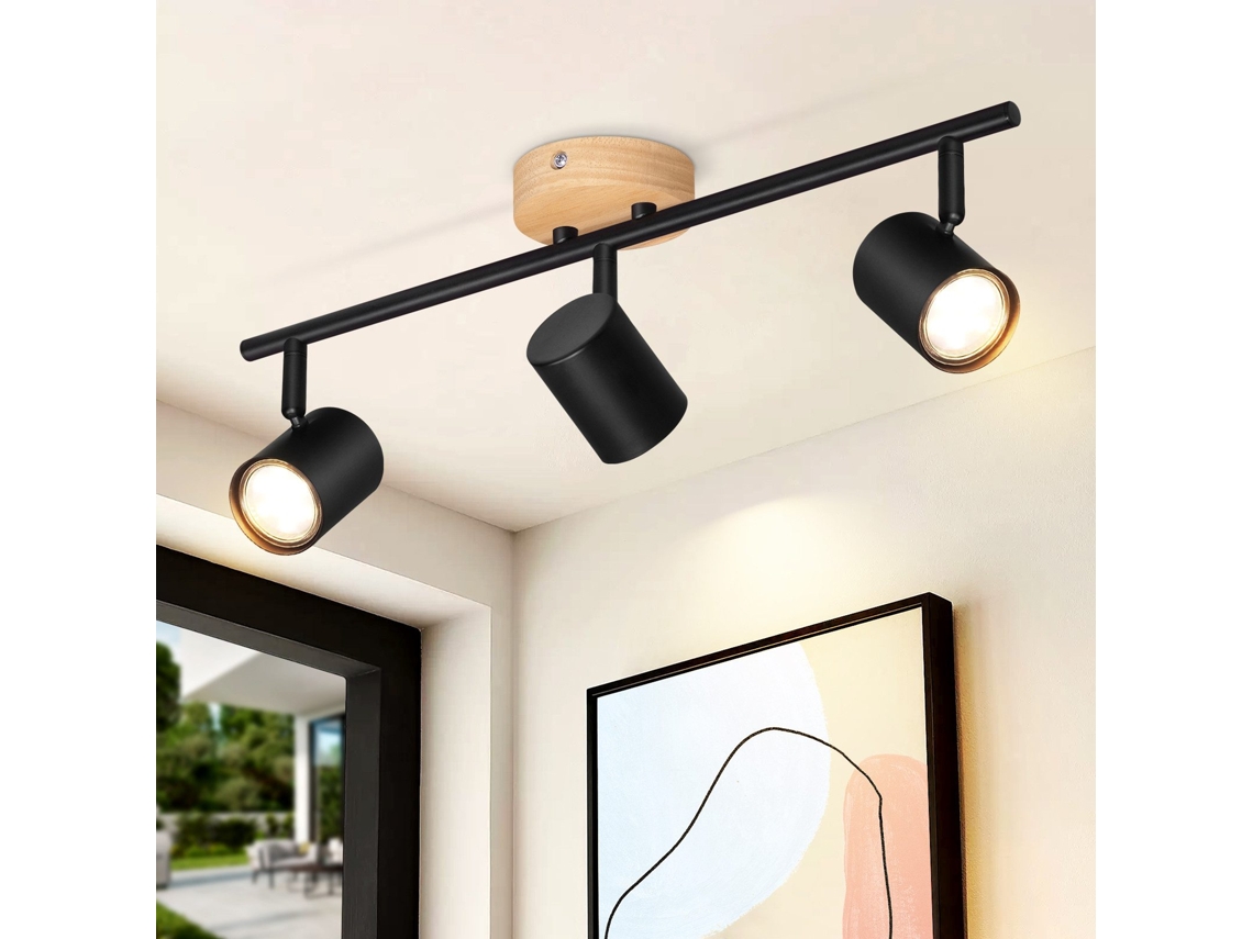 Nettlife Candeeiro, Focos Iluminação Led De Teto E Parede 3 Luzes Preto Gu10 Madeira Giratório Sem Lâmpada Para Sala E Corredor, Orientáveis