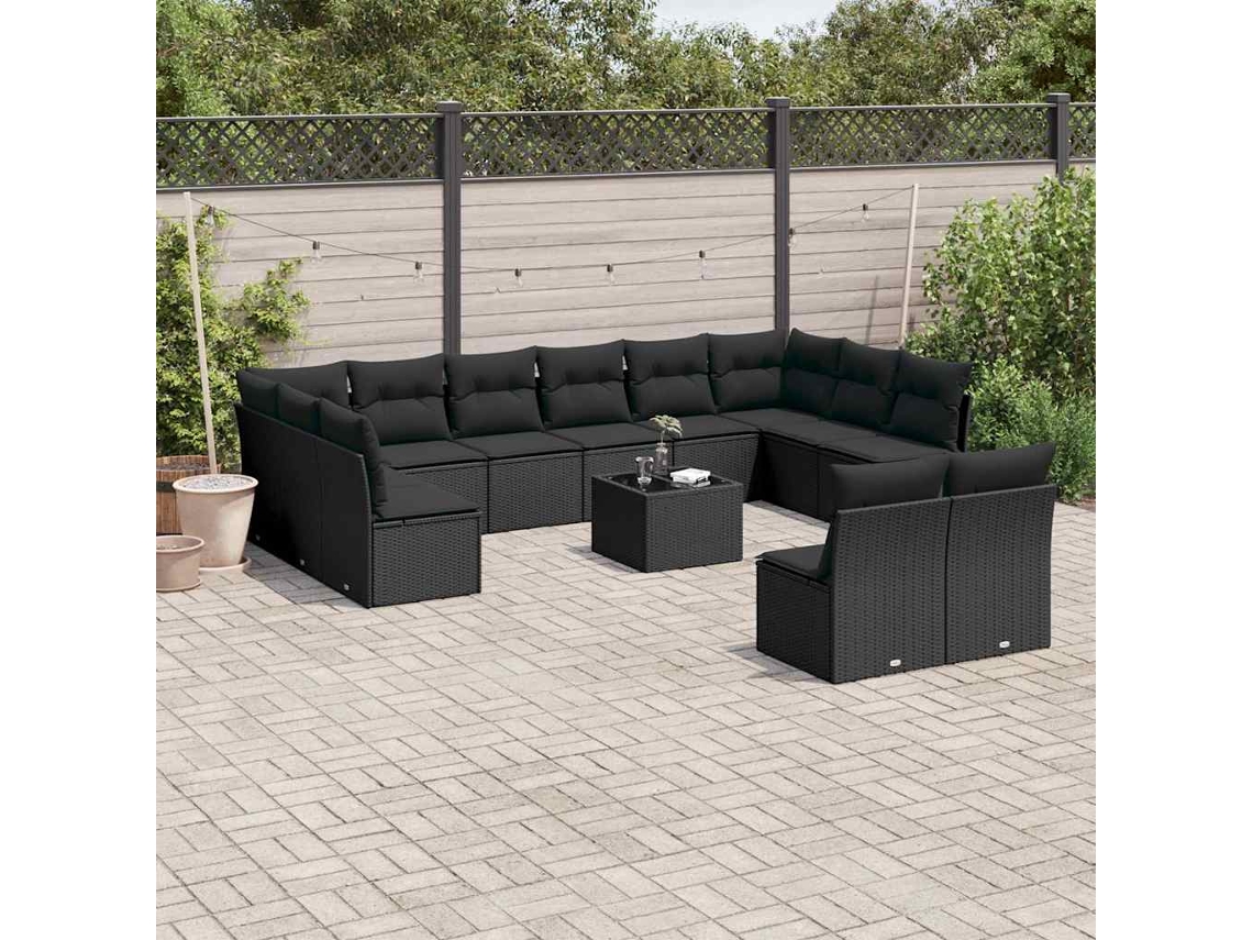 Vidaxl 13 Pcs Conjunto De Sofás De Jardim Com Almofadões Vime Pe Preto