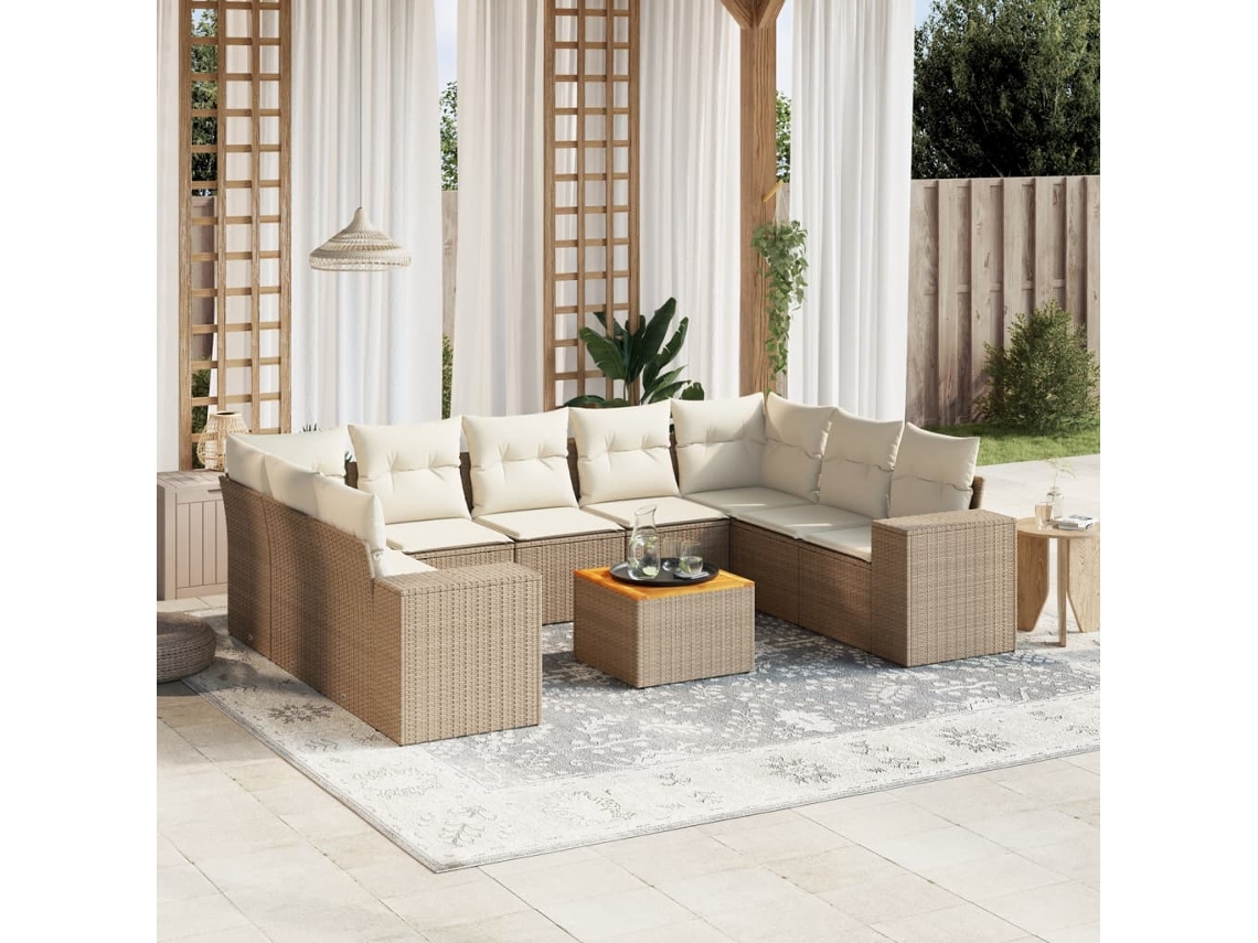 Vidaxl 10 Pcs Conjunto De Sofás P/ Jardim Com Almofadões Vime Pe Bege