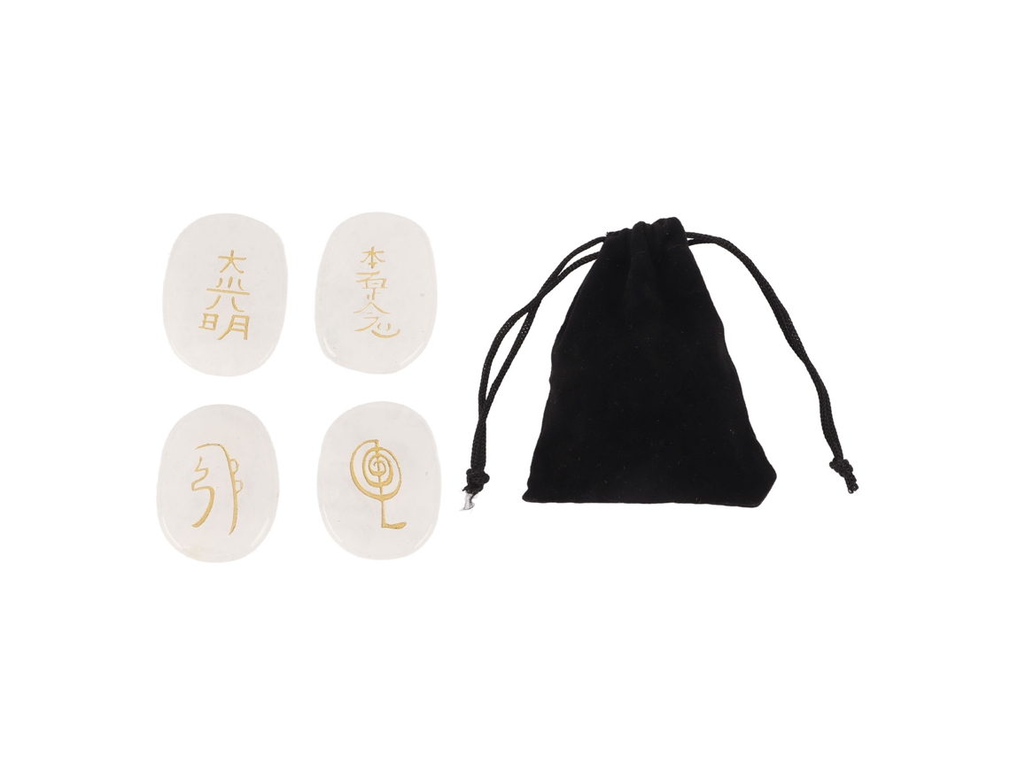 4 Piedras Rúnicas Naturales Con Símbolos De Reiki Grabados Ovaladas Planas Para Meditación Con Bolsa De Almacenamiento Cristal Blanco