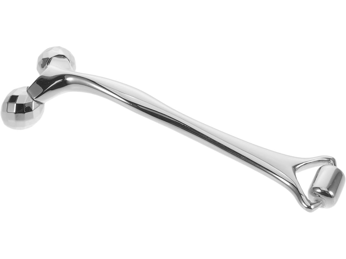 Massageador Facial De Contorno Duplo Em Metal Prateado, Rolo Facial