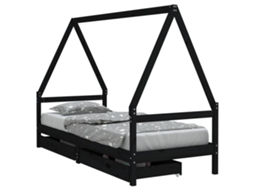 Estrutura de Cama Infantil com Gavetas Pinho Maciço Preto MAISON EXCLUSIVE (90x200 cm)