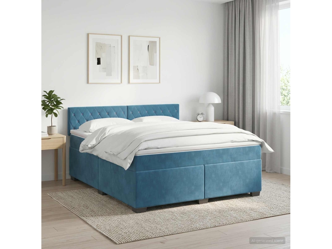 Vidaxl Cama Box Spring Com Colchão Azul Escuro 140 X 200 Cm Veludo