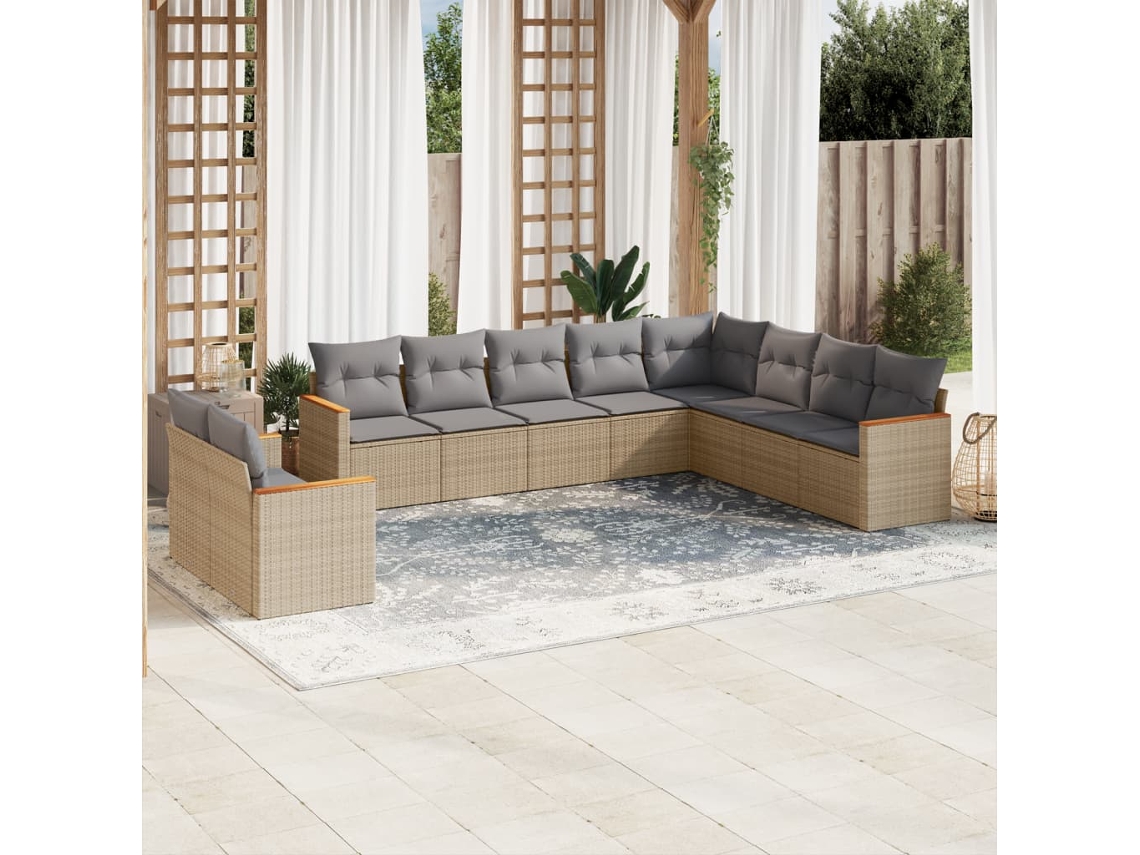 Vidaxl 10 Pcs Conjunto De Sofás P/ Jardim Com Almofadões Vime Pe Bege