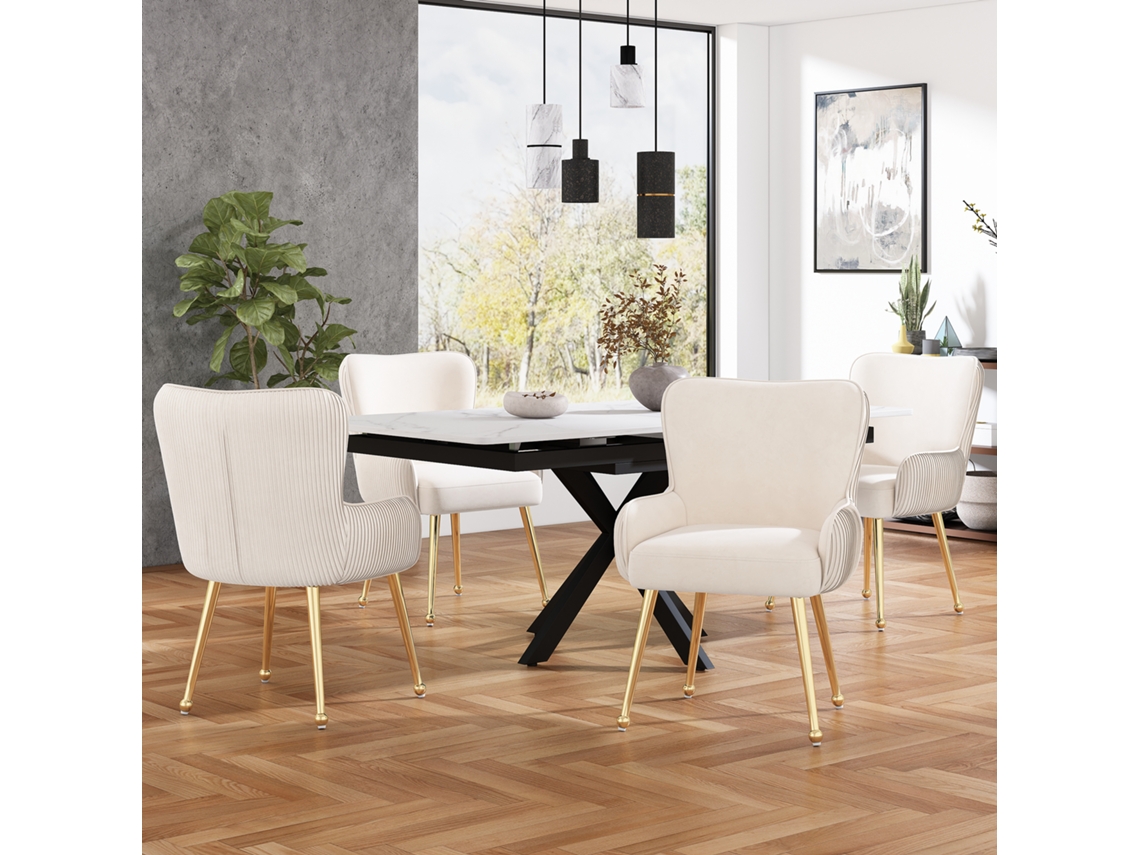 Conjunto 4 Cadeiras Veludo Bege Braços Dourados VOLTEDGE
