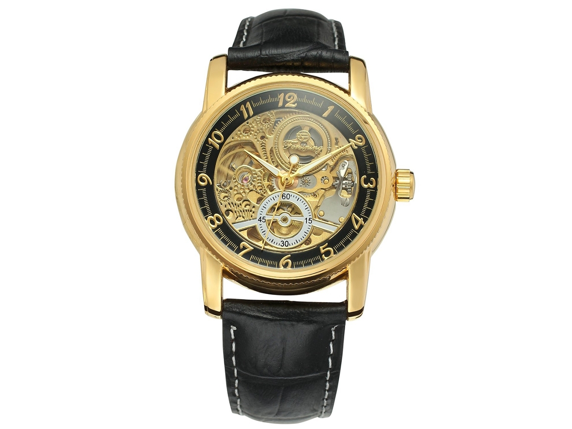Reloj De Pulsera Automático Forsining De Cuero Pu Impermeable Oro Negro