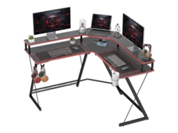 Secretária De Canto Com Tomadas Em Forma De L 128x128 Cm Com Suporte Para Monitor Gancho E Suporte Para Copos Preta