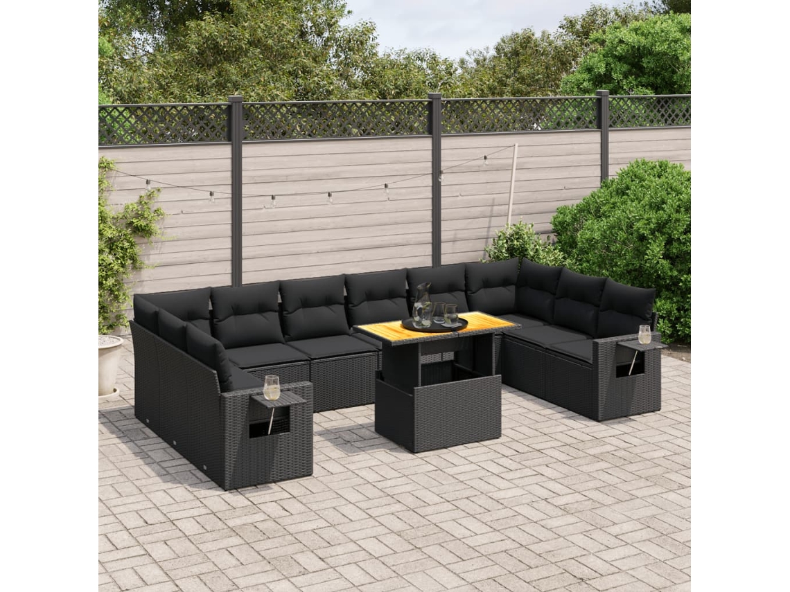 Jogo de Sofá Jardim 11 Peças C/ Almofadões Vime Pe Preto Dkd Home Decor