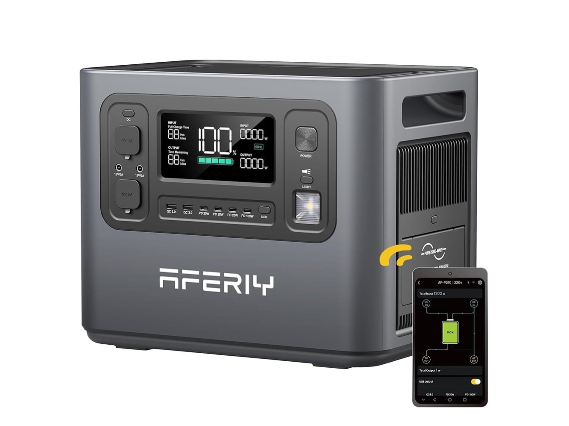 Estação de Energia Portátil AFERIY P210 2400w, com Bateria Lifepo4 2048wh, Carregamento Rápido, Entrada Solar 500w, App