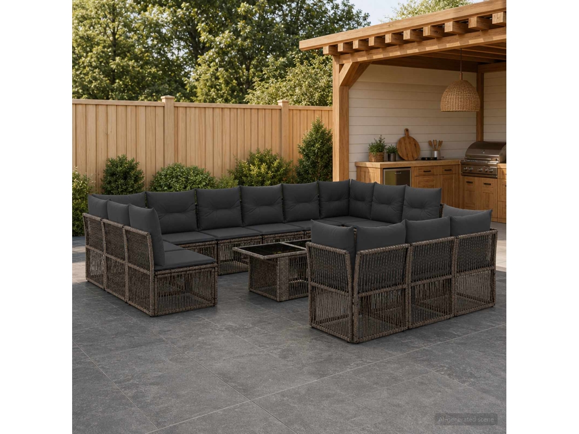 Vidaxl Conjunto De Sofá De Jardim 14 Unid. Cinzento Vime Pe