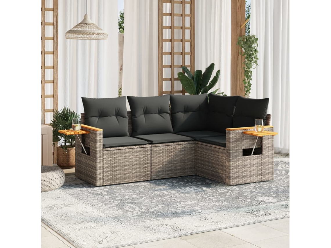 Conjunto de Sofá de Jardim 4 Peças C/ Almofadões Vime Pe Cinzento Dkd Home Decor