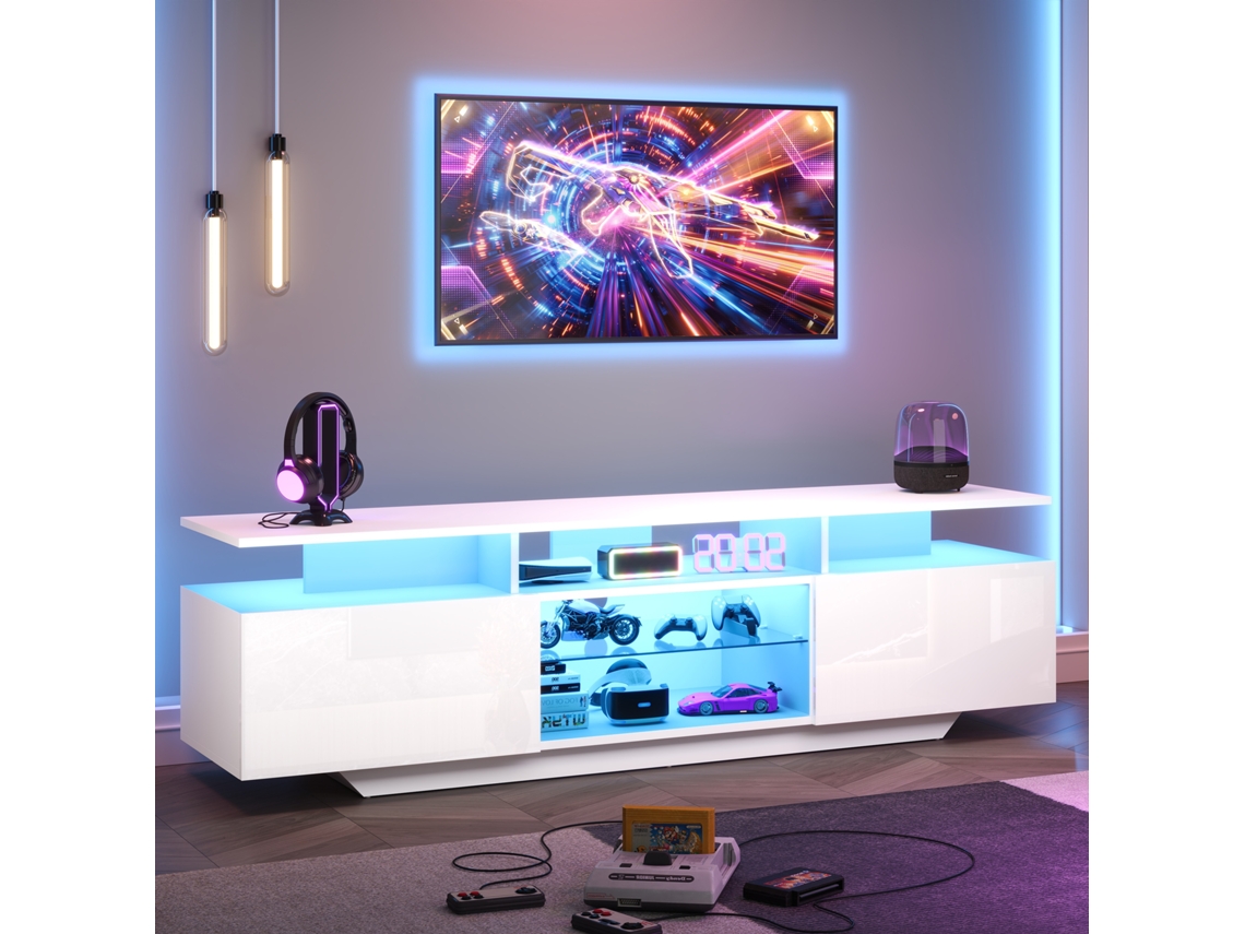 Móvel Tv 160x40x45cm Led Brilho 8 Prateleiras 2 Armários Mdf Até 70 Polegadas