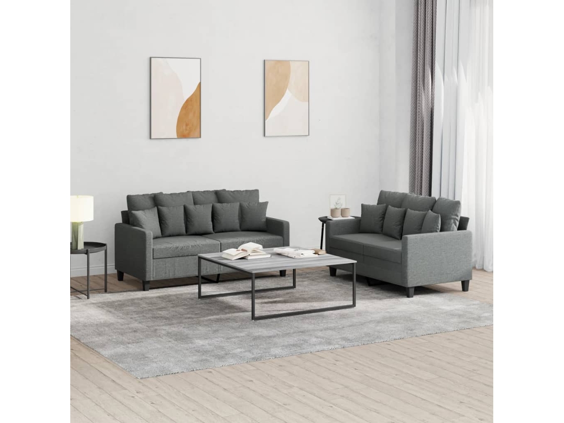 Vidaxl 2 Pcs Conjunto De Sofás Com Almofadões Tecido Cinzento-escuro