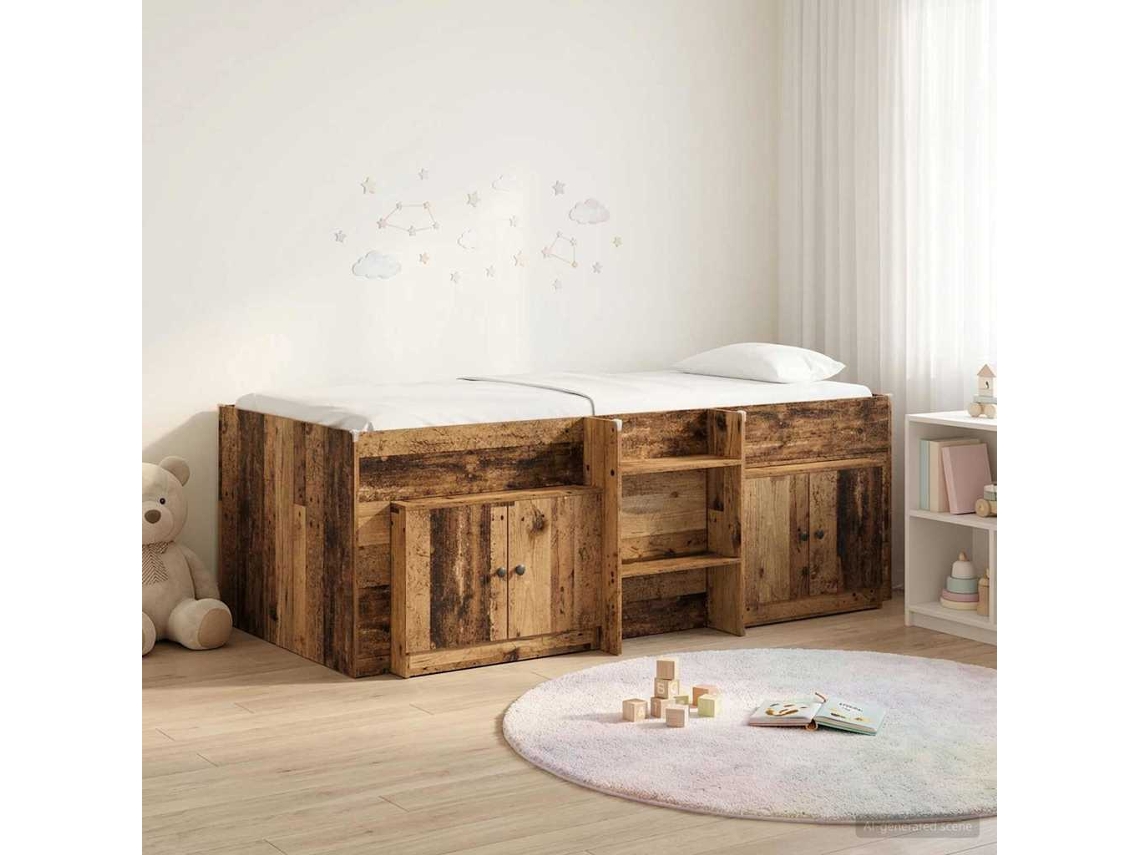 Vidaxl Cama Loft Com Armário Com Armazenamento 3 Unid. Madeira Antiga
