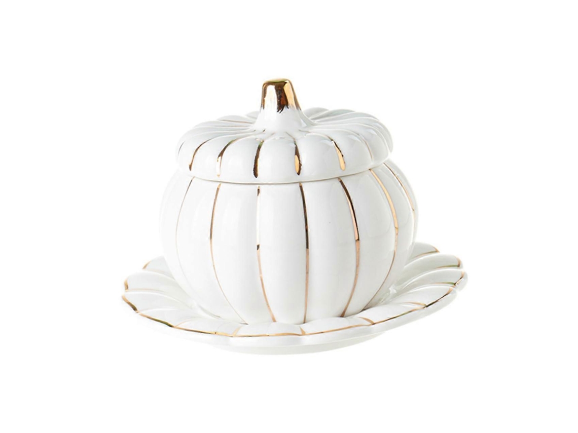 Tigela Para Sopa De Abóbora Com Tampa, Cerâmica Estilo Japonês, Porcelana Branca, Detalhes Dourados, Atóxica E Ecológica.