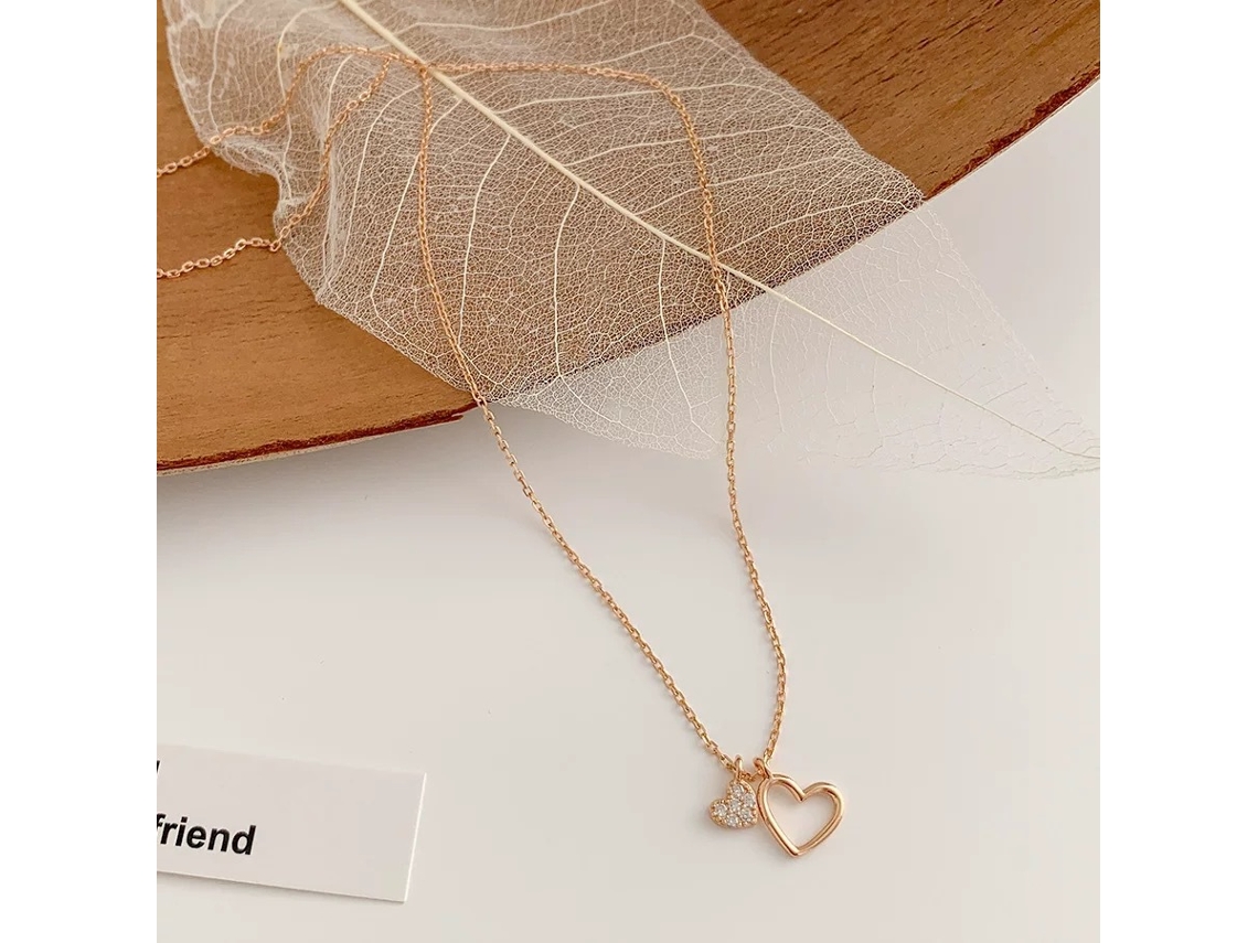 Colar com Pingente de Coração Duplo em Prata de Lei 925 , Estilo Coreano, Leve e Luxuoso, Design Simples. MDUG (dourado Champanhe)