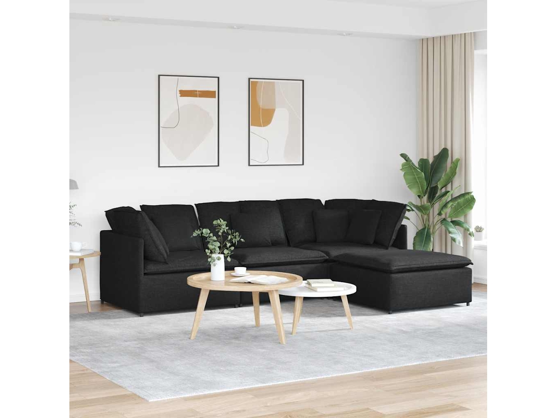 Vidaxl Sofá Modular Com Pufes E Almofadas Tecido Preto