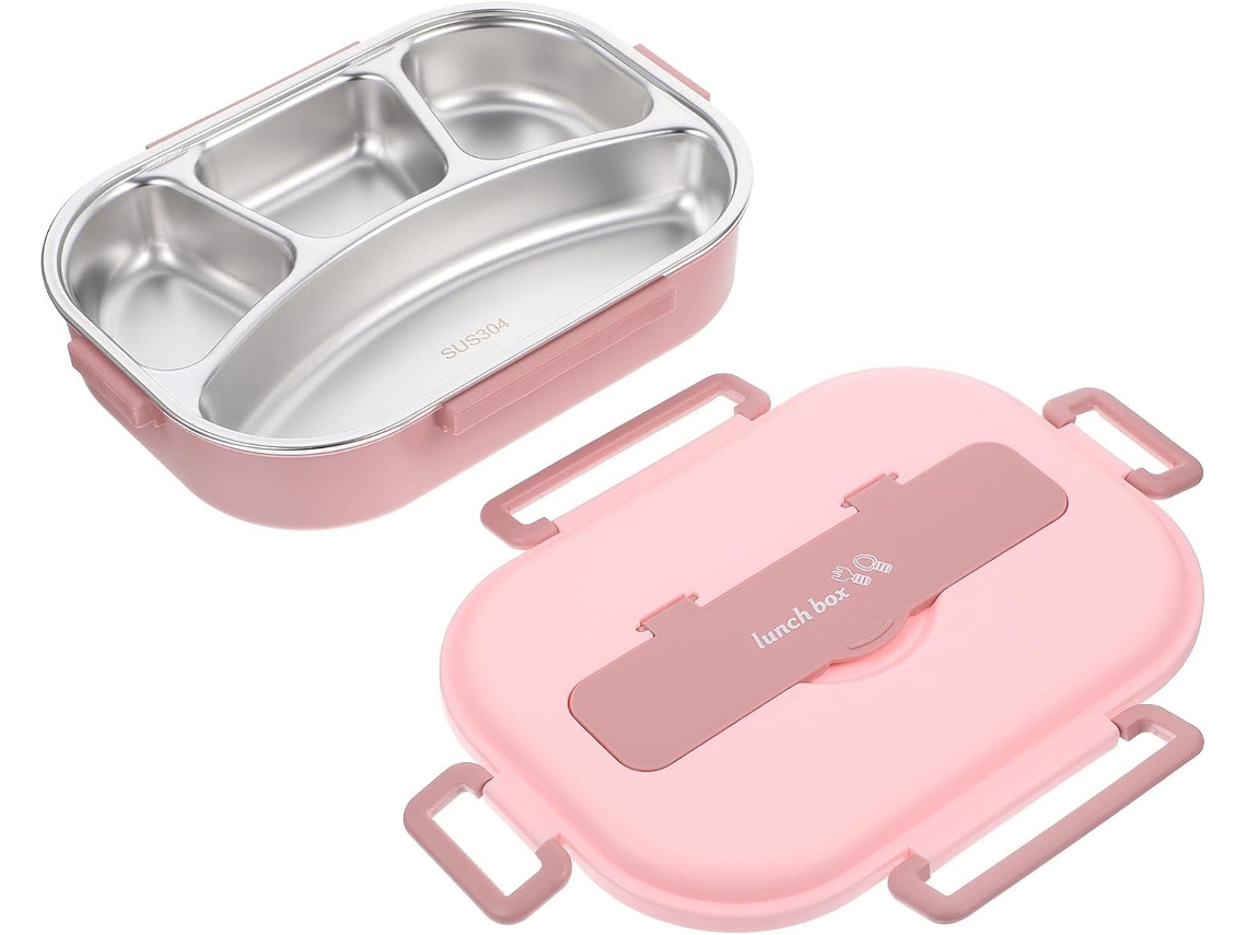 Lancheira Bento Portátil Rosa 1300ml Com 4-compartimentos