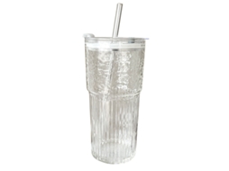 Copo De Vidro De 600ml Com Tampa E Canudo, Estampa De Linhas, Transparente.