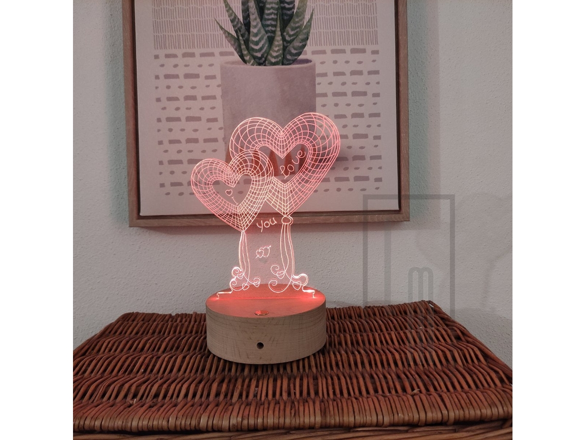 Candeeiro 3d Com Base De Madeira I Love You 4 Lâmpada Mágica