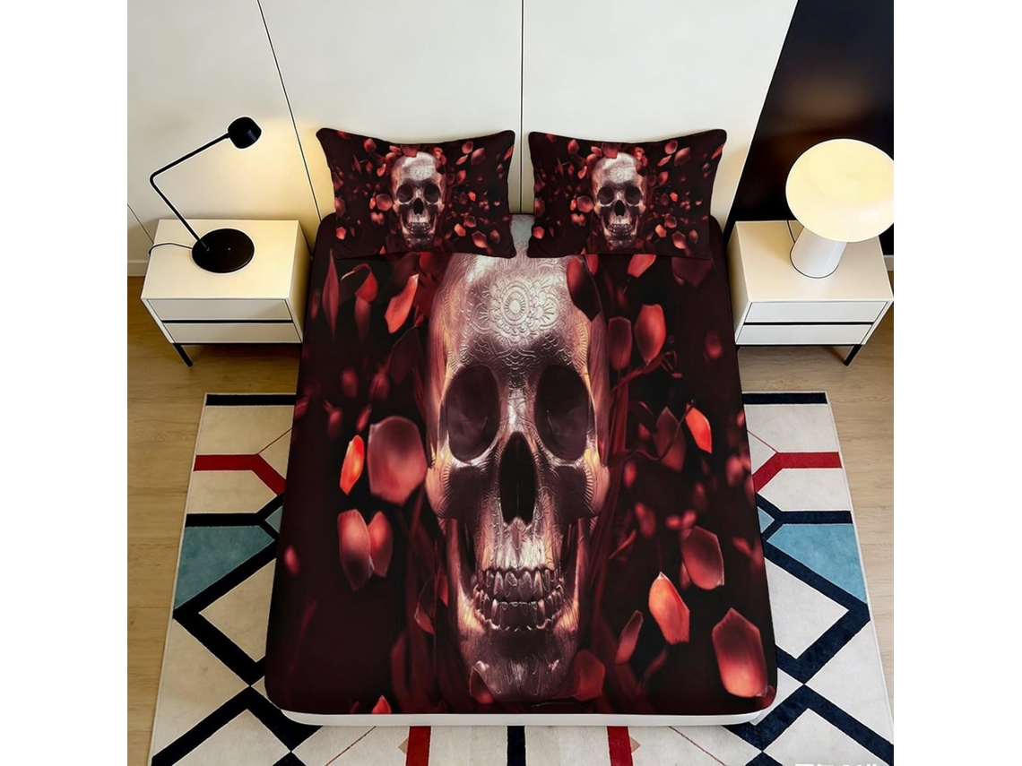 Conjunto de Cama com Estampa 3d Caveira R Microfibra Fronha 200x25cm