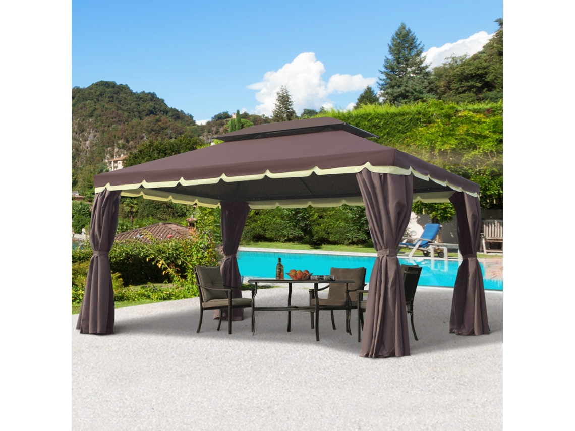 Gazebo Para Área Externa Na Cor Café E Preta, 390x290x280cm, Com 4 Painéis Laterais, Tela Mosquiteira E Estrutura De Alumínio