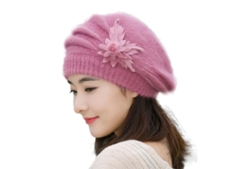 Chapéu de Inverno Feminino de Crochê com Flores Morno Boné Beret Tricot Moda Rosa