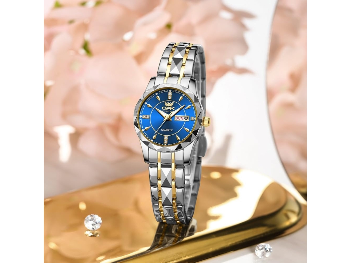 Lurelia Relógio Feminino, Data/calendário, Luminoso, Detalhes Com Strass, Aço Inoxidável, Abs, Azul