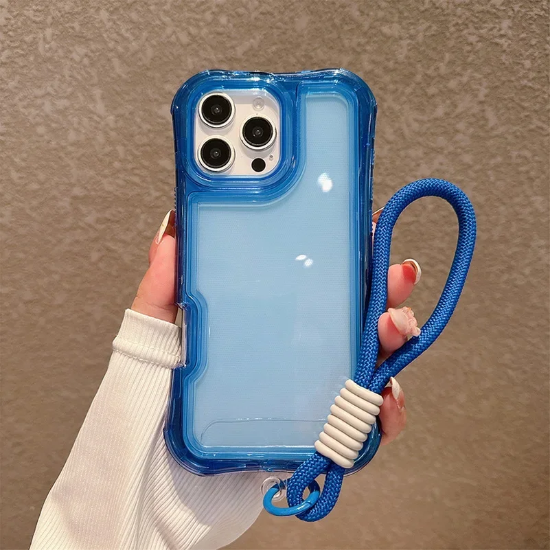(azul Escuro, Iphone 15 Plus) Capa Protetora Transparente À Prova De Quedas Com Airbag Nos Quatro Cantos E Alça De Pulso Resistente A Impactos.