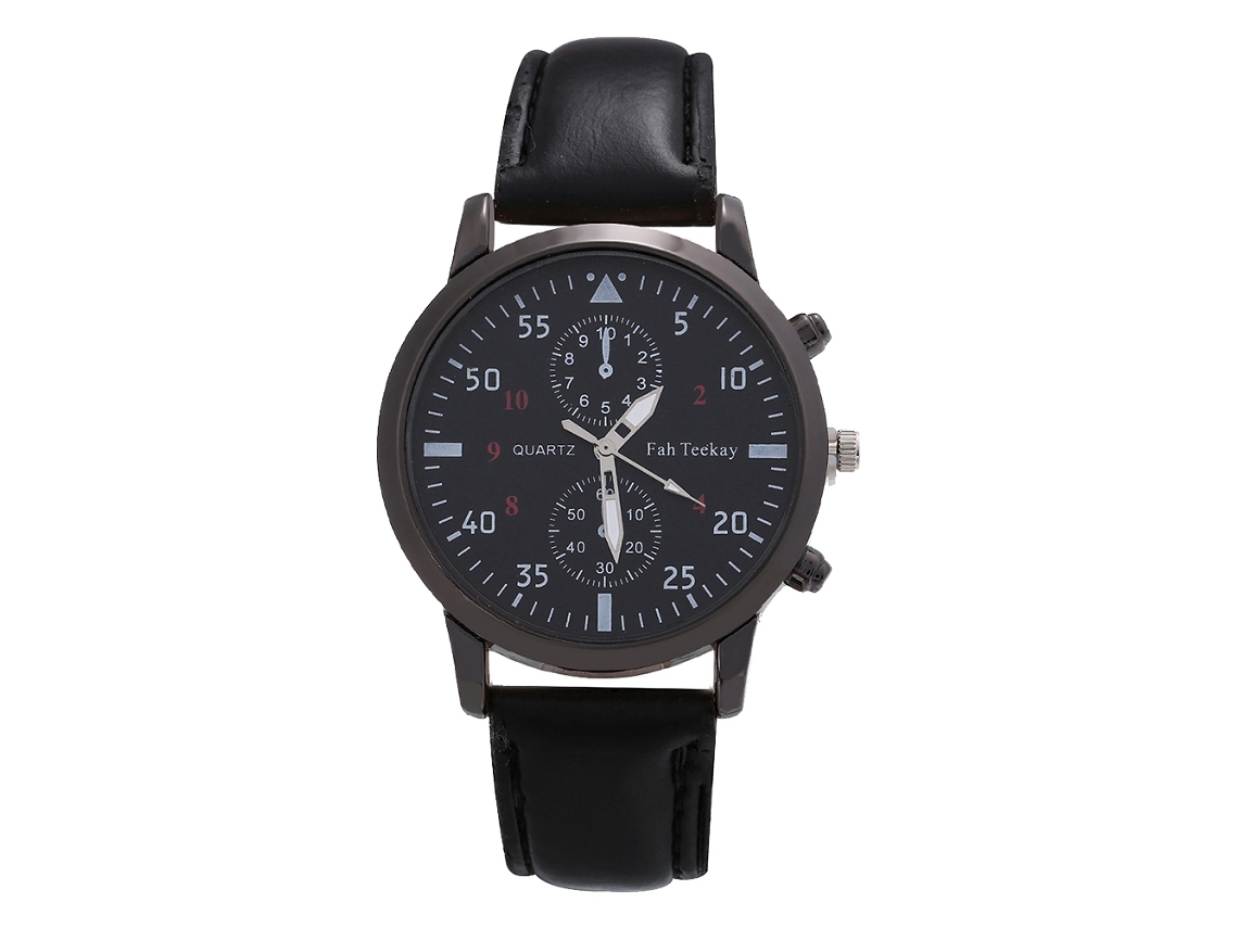 Relógio de pulso masculino de quartzo com pulseira de couro PU, mostrador redondo ultrafino, dois mostradores, preto.