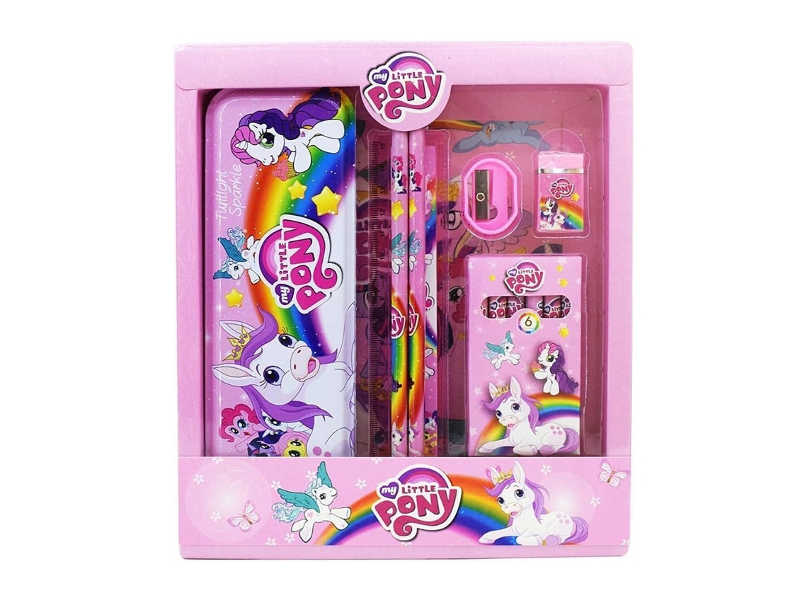 Conjunto de artigos de papelaria 6 em 1 para presente de aniversário com estampa para meninos e meninas, inclui estojo, lápis de cor, borracha, régua e