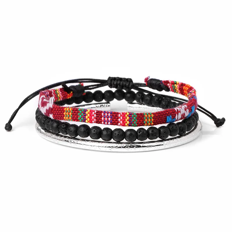 Pulseira Tecida À Mão Com Pedras Vulcânicas Coloridas Em Combinação De Lava.
