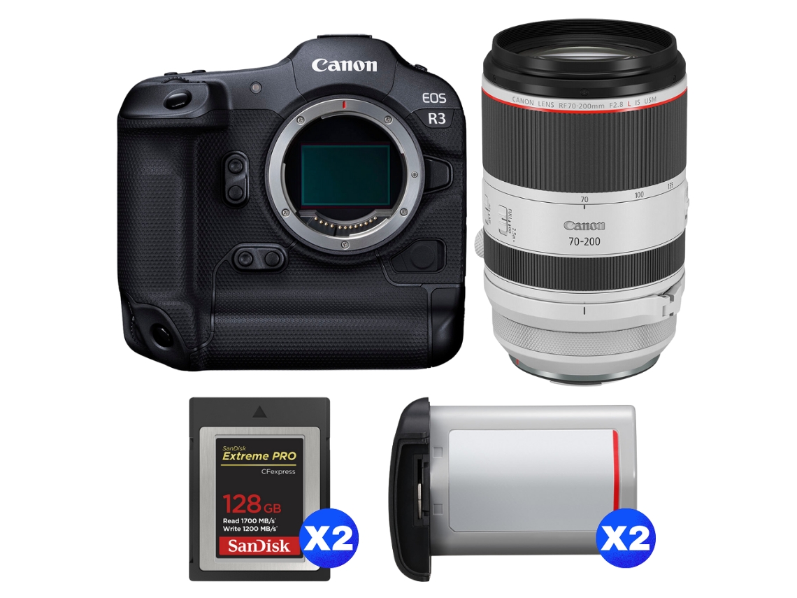 Eos R3 + Rf 70 200mm F/2.8 L Is Usm + 2 Sandisk 128gb Extreme Pro Cfexpress Type B + 2 Canon Lp e19 + Ebook Pricedirect CANON